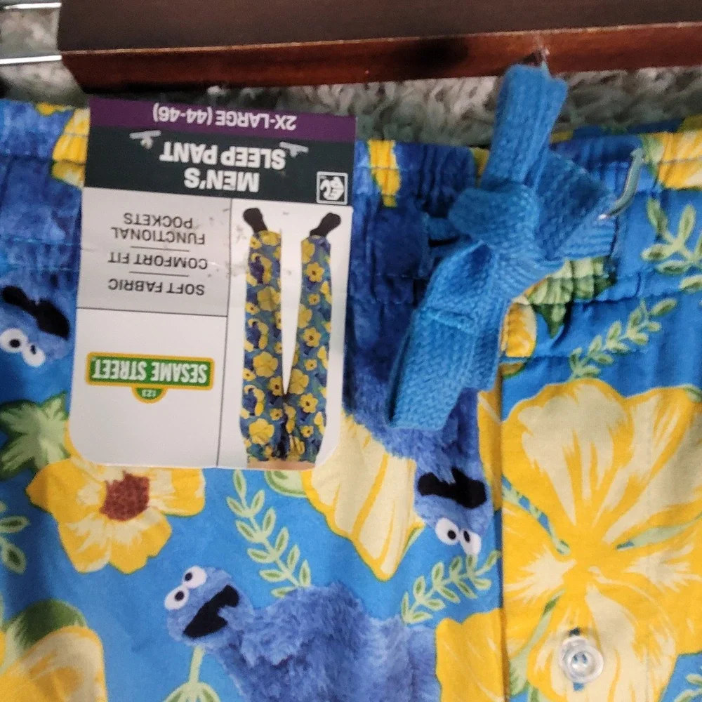 Sesame Street Sleep Pants Men 2XL Blue Cookie Monster NWT Floral Pajama Bottoms